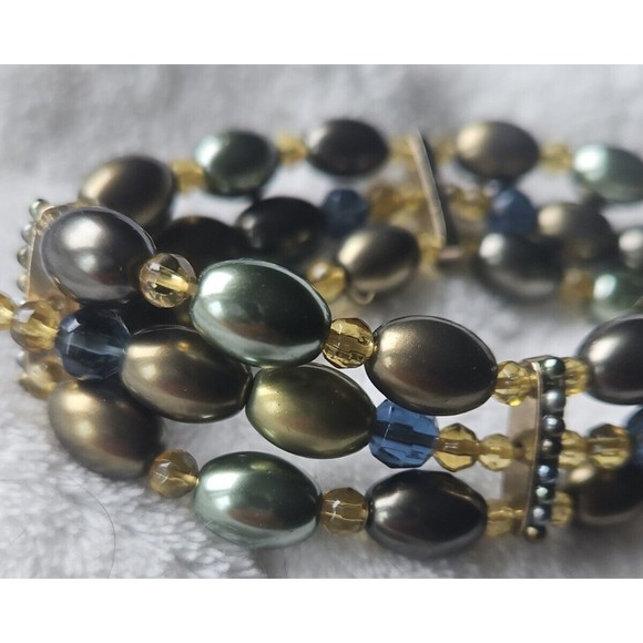 Vintage Monet Green Gray Blue Faux Pearl Stretch Bracelet - Picture 4 of 5